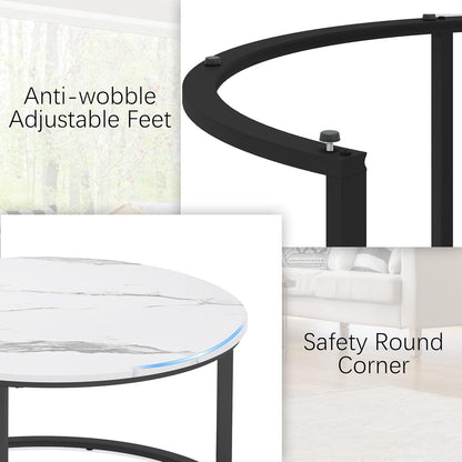 round Coffee Table Nesting Tables Set of 2, Large : Ø 33.5", Small : Ø 25.7", Modern Design Coffee Tables for Living Room, Metal Frame Circle Cocktail Table, High Glossy Faux White Marble