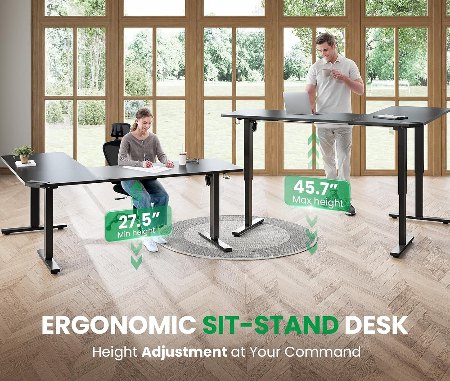 L-Shaped Standing Desk - 63 X 55 Inch Adjustable Corner Standing Desk with Charging Station - L Shape Sit Stand Table with Memory Controller, Splice Board for Home Office