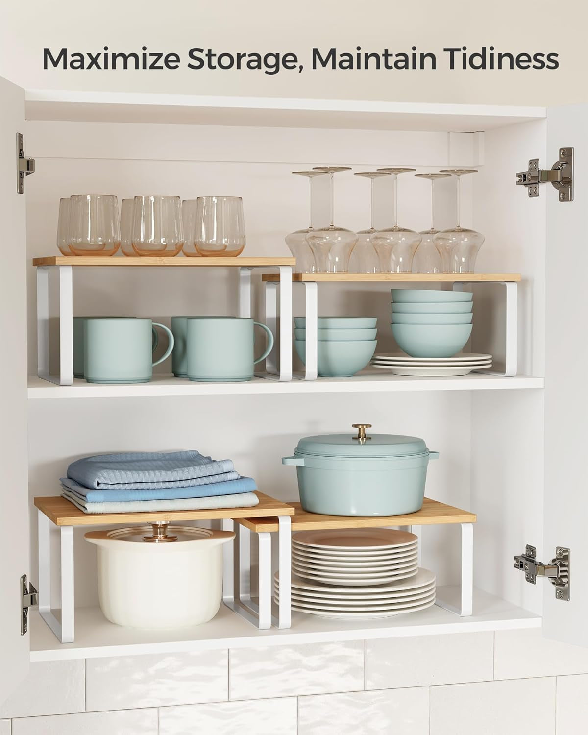 Cabinet Organizer Shelf, Set of 4 Kitchen Counter Shelves, Kitchen Storage, Spice Rack, Stackable, Expandable, Metal and Engineered Wood, Cloud White and Natural Beige UKCS010N01