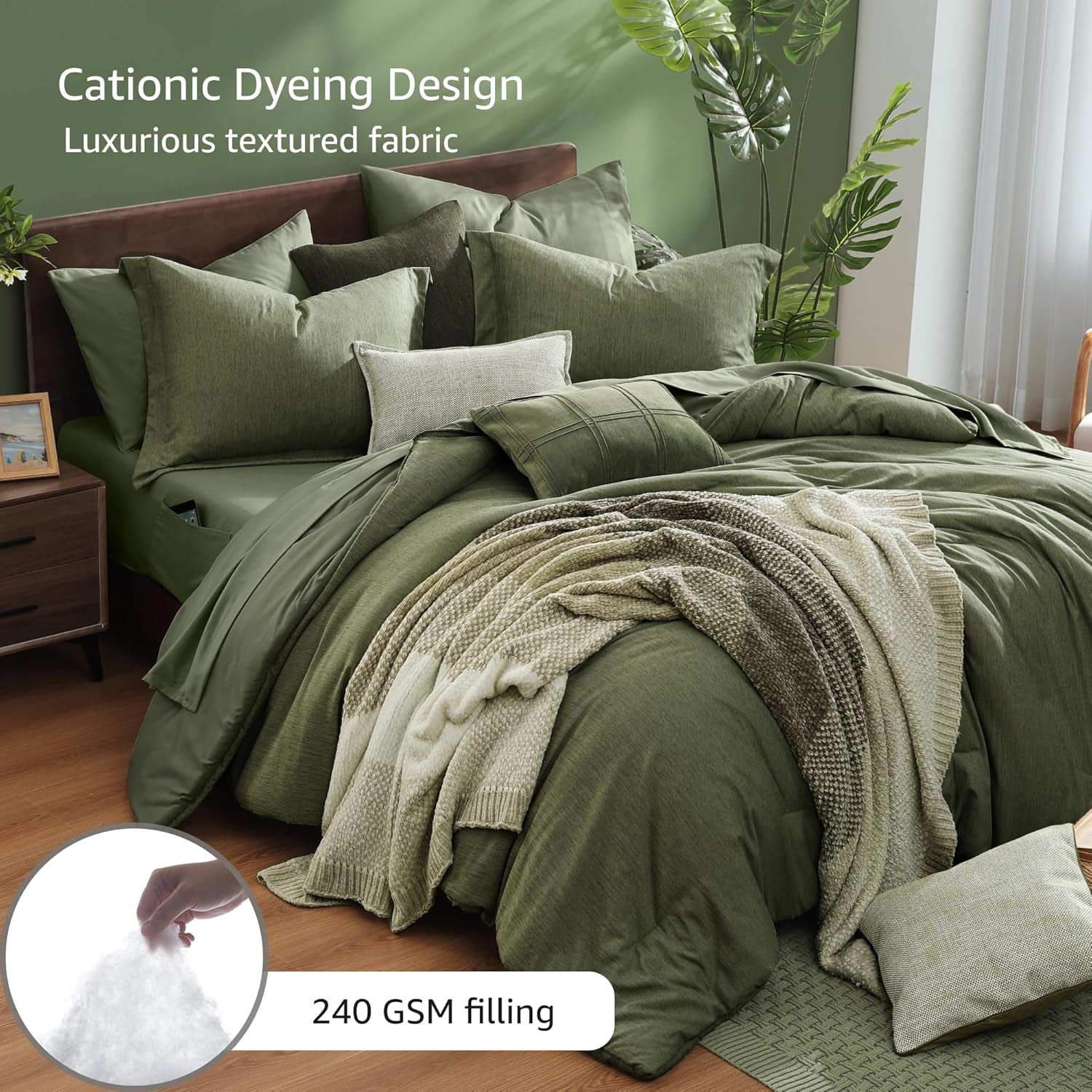 Queen Comforter Set - 7 Pieces Cationic Dyeing Olive Green Bed in a Bag Queen Bedding Sets with Comforter, Sheets, Pillowcases & Shams, Reversible Bedding Comforters Sets