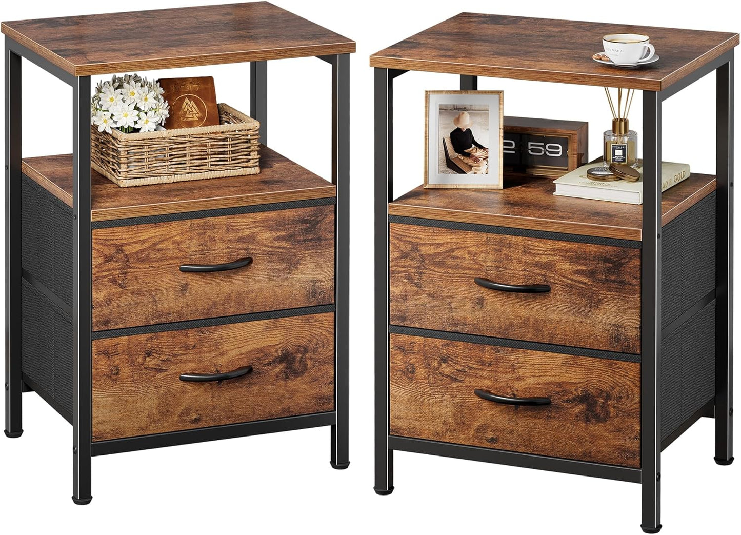 Night Stand Set of 2, Nightstand with 2 Drawers, Bed Side Table with Open Shelf, Wooden Top, End Table, Fabric Drawer, for Bedroom, Rustic Brown
