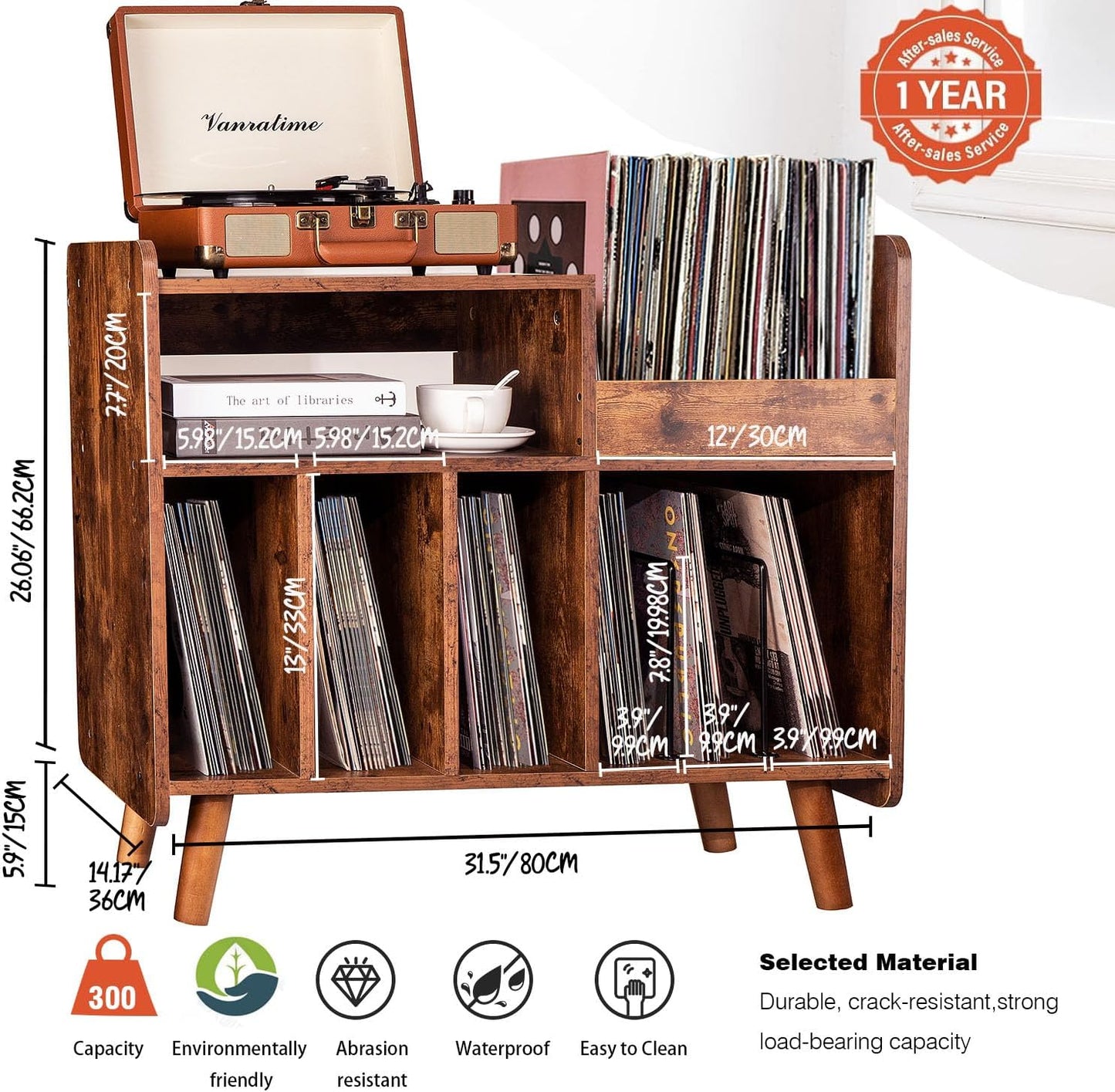 Record Player Stand, Large Record Player Table Cabinet with Open Vinyl Storage and Display Shelf Holds up to 350 Albums, Mid Century Wood Turntable for Living Room, Bedroom (Brown)