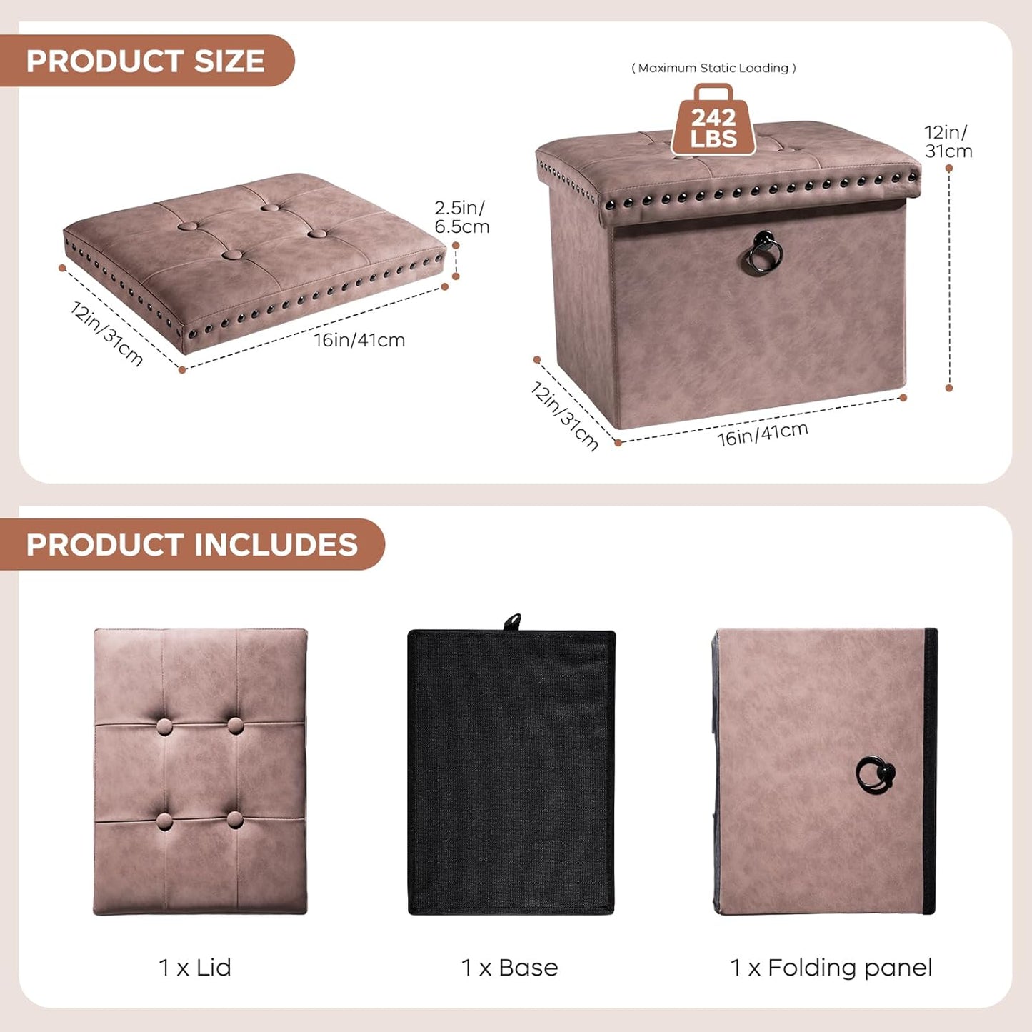 16 Inches Folding Cube Storage Ottoman, Small Leather Foot Rest Stool with Button Tufted Rivet Design, Footstool Bench, Ottoman with Storage for Living Room, Coffee Table 242 Lbs, Oak Brown