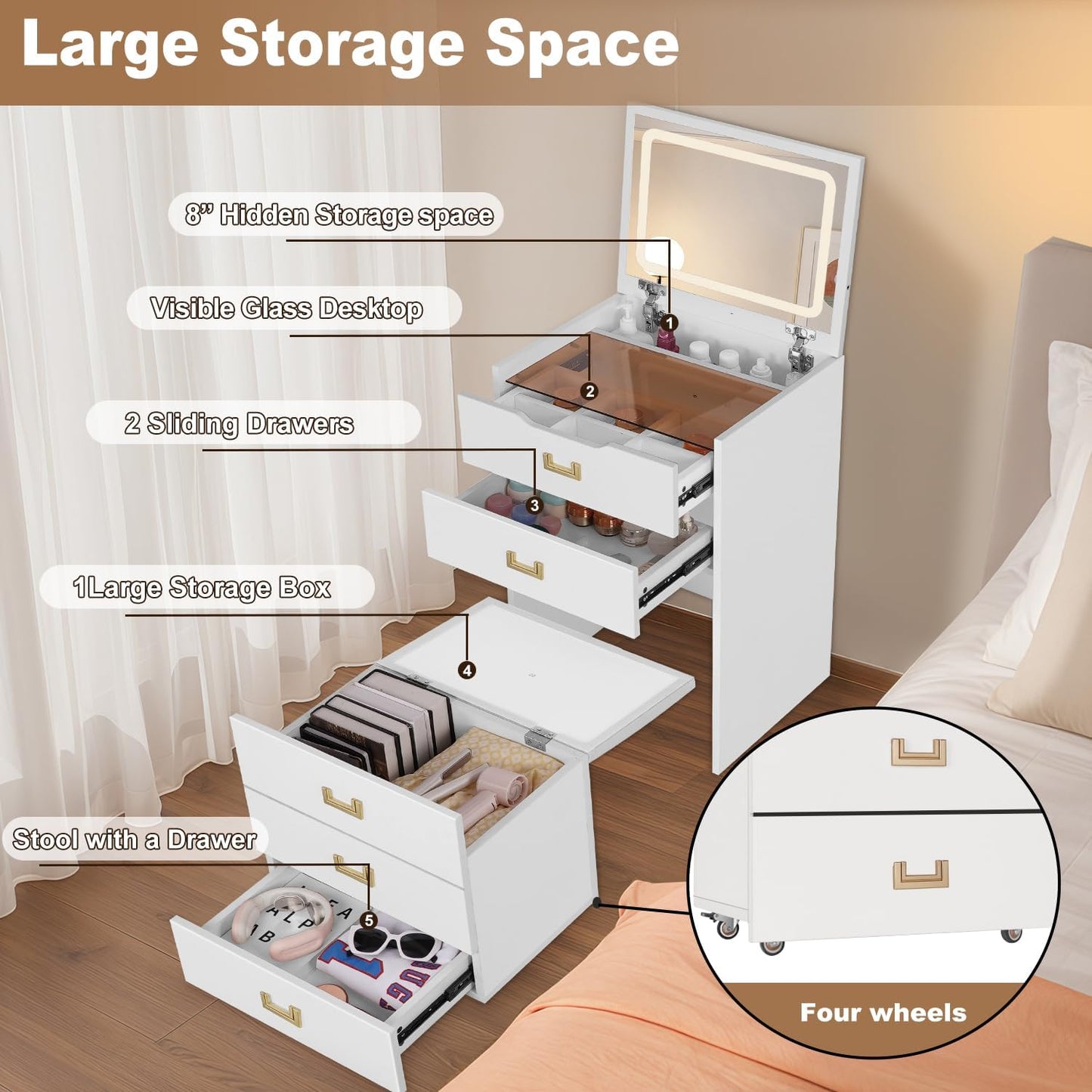 3-In-1 Corner Vanity Desk & Nightstand Combo with Flip-Up Mirror and Rolling Stool, Glass Top Makeup Dressing Table with Hidden Storage Drawers for Small Bedroom Spaces