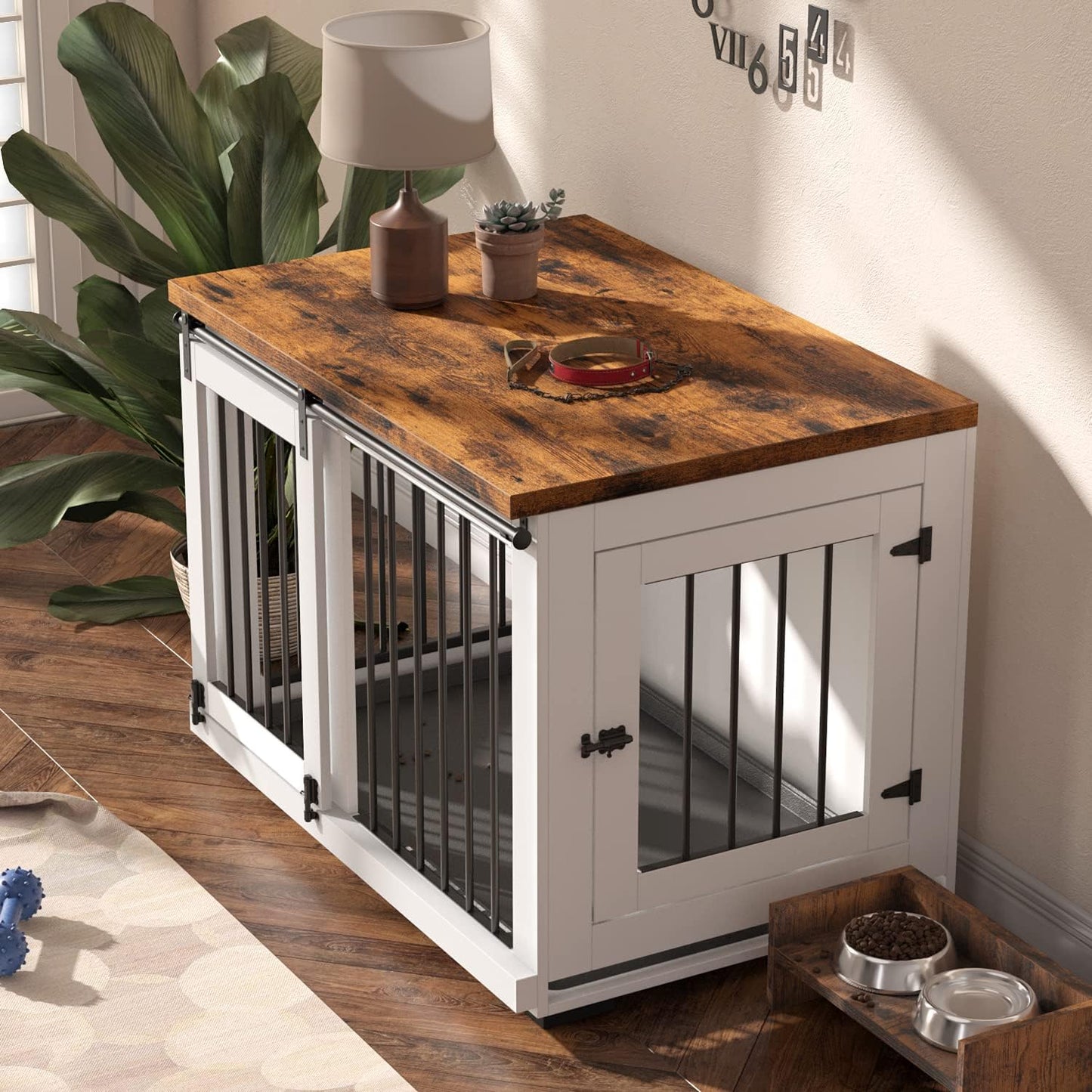 Dog Crate Furniture Barn Door for Medium Dogs up to 40 Lbs. - Puppy Kennel W/Thickened Farmhouse Top & Steel Bars - 30'' Wide - White Decorative Modern Dog Crate Table, End Table, Nightstand