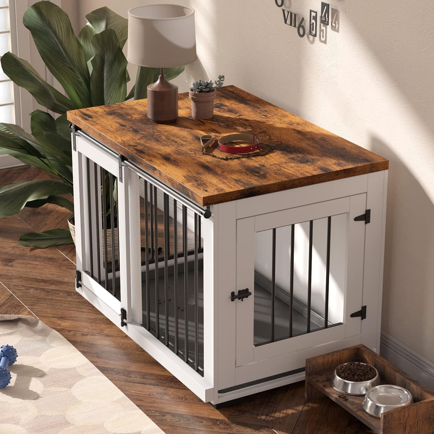 Dog Crate Furniture Barn Door for Medium Dogs up to 40 Lbs. - Puppy Kennel W/Thickened Farmhouse Top & Steel Bars - 30'' Wide - White Decorative Modern Dog Crate Table, End Table, Nightstand