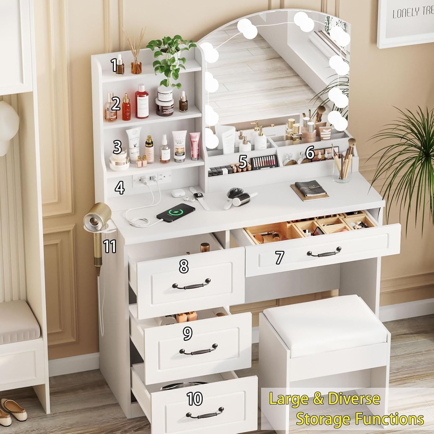 Makeup Vanity Desk with Lights and Charging Station, White Vanity Set Makeup Table with 4 Drawers Lots Storage, 3 Lighting Colors, Large Size 39.4In(W)