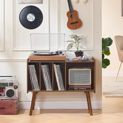Record Player Stand with 4 Cabinet Holds up to 220 Albums, Large Turntable Stand with Beech Wood Legs, Mid-Century Record Player Table,Brown Vinyl Holder Storage Shelf for Bedroom Living Room