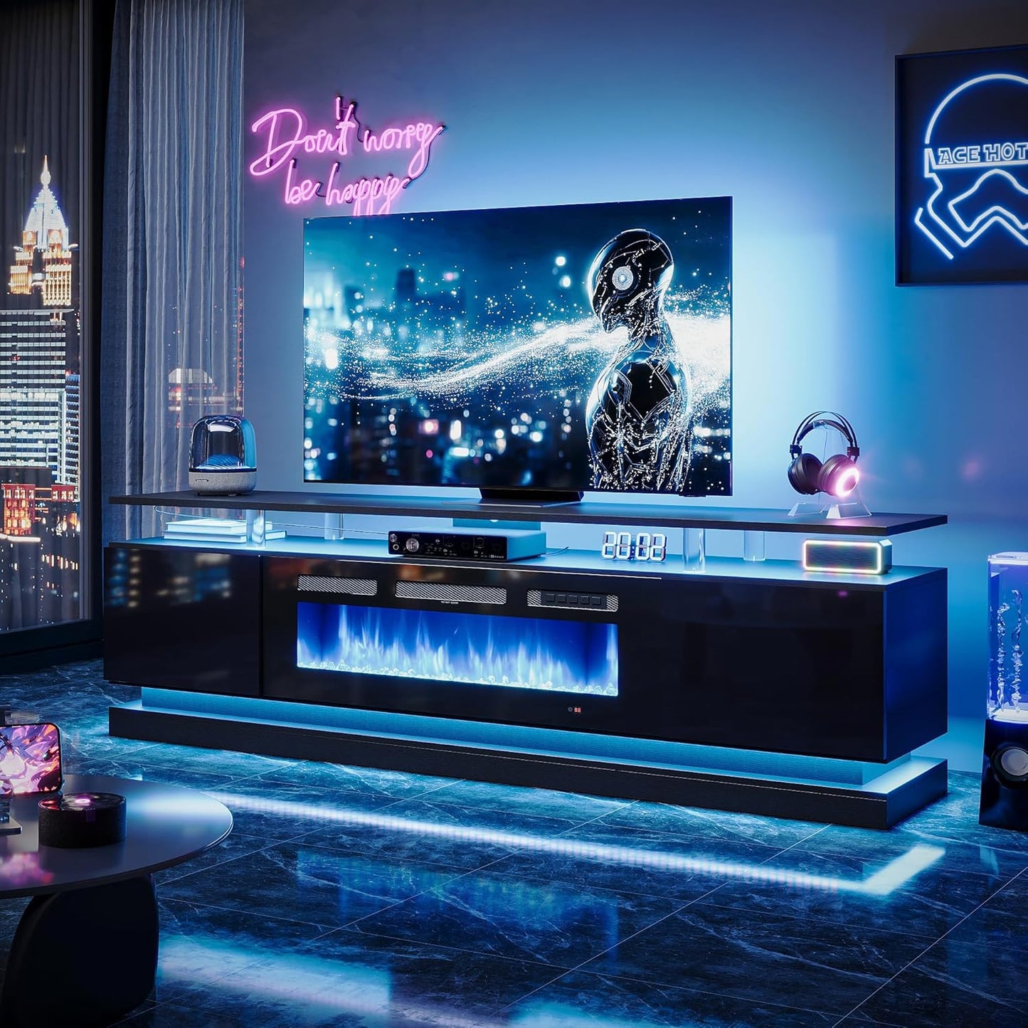 70" Fireplace TV Stand, Modern Entertainment Center for Tvs up to 80”, TV Console with Storage Cabinets, Media Console for Living Room, Black TV Stand and Black Fireplace