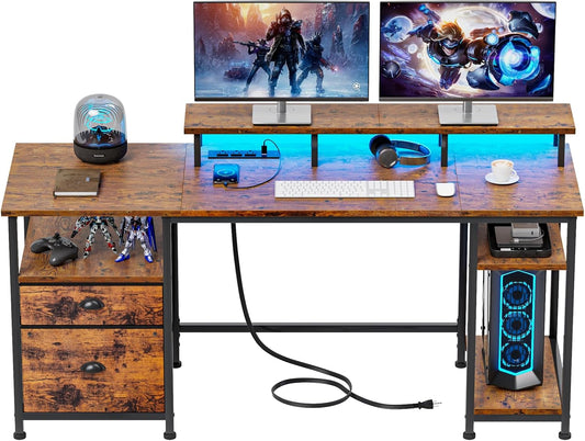 61" Computer Desk with Power Outlet and LED Lights, Desk with Fabric File Cabinet Drawer, Large Reversible Table with Shelves and Monitor Stand, Writing Study Table for Home Office