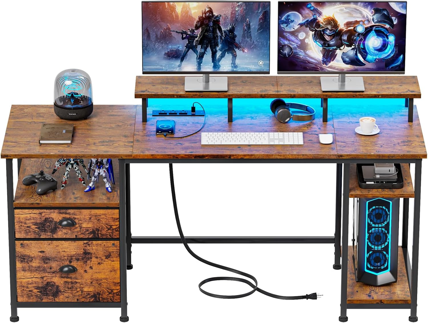 51" Computer Desk with Power Outlet and LED Lights, Reversible Home Office Desk with File Cabinet & Monitor Stand, Large Gaming Table with Storage Shelves & Drawer, Rustic Brown