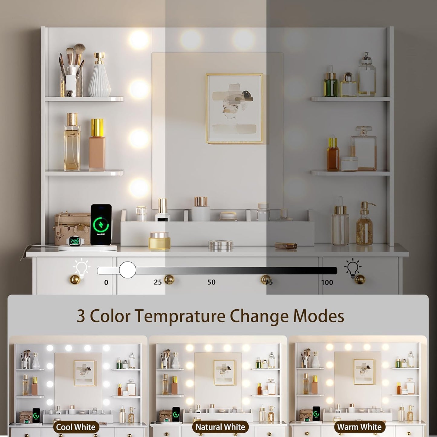 Vanity Desk with Mirror and Lights, Makeup Vanity with Charging Station & Vanity Stool, 3 Drawers and Cabinets White Vanity Mirror with RGB LED Lights Vanity Desk and Chair for Women