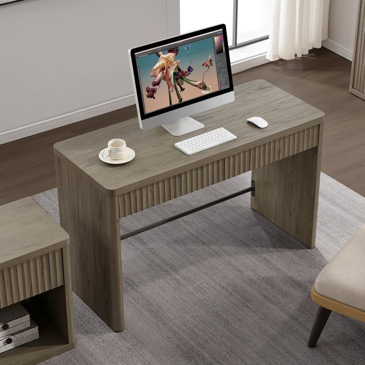 Office Computer Desk with 2 Drawers Modern Executive Writing Desk 48.8" Large Work Home Office Desks with Storage Fluted Makeup Vanity Table Study Table for Living Room Bedroom, Grey Alder