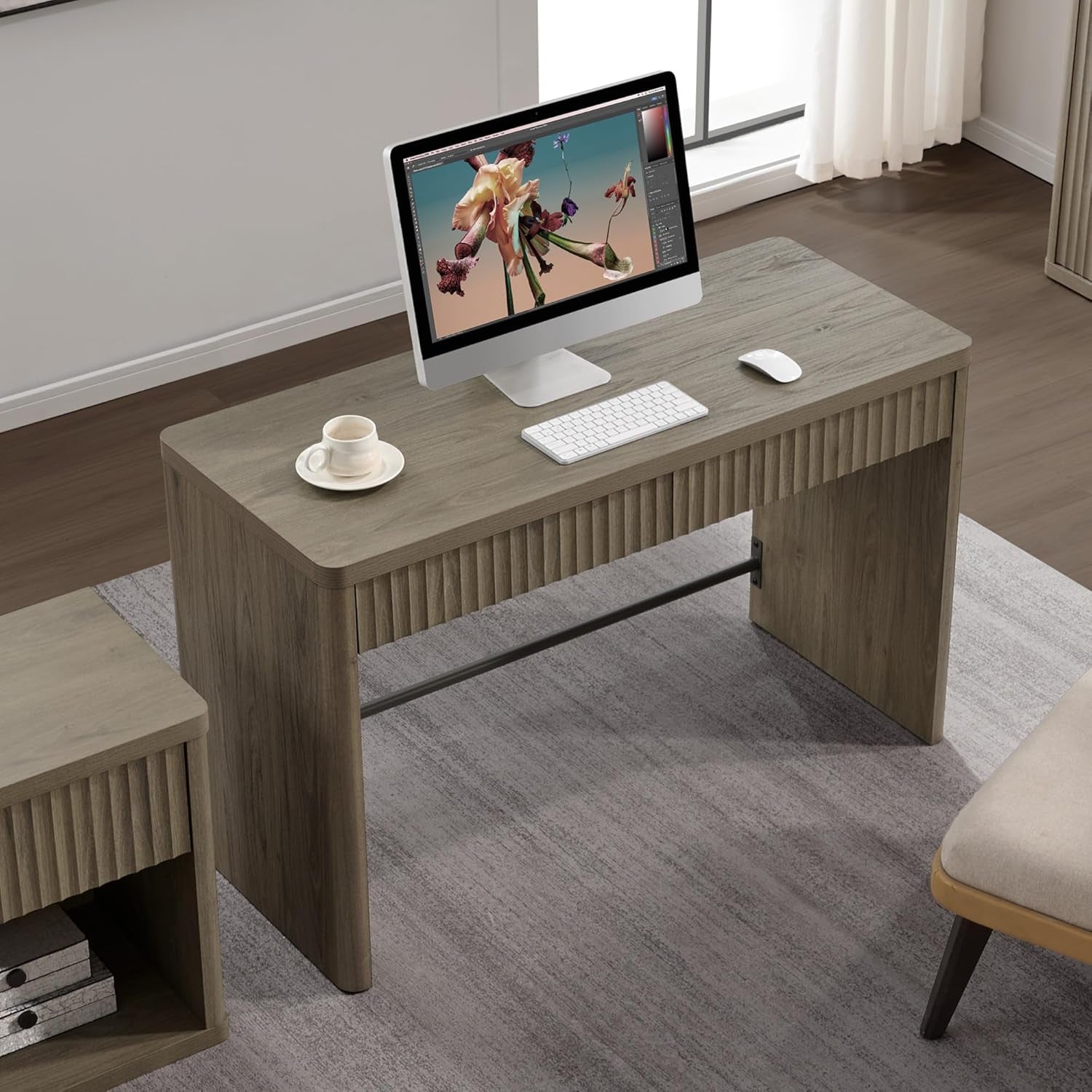 Office Computer Desk with 2 Drawers Modern Executive Writing Desk 48.8" Large Work Home Office Desks with Storage Fluted Makeup Vanity Table Study Table for Living Room Bedroom, Grey Alder