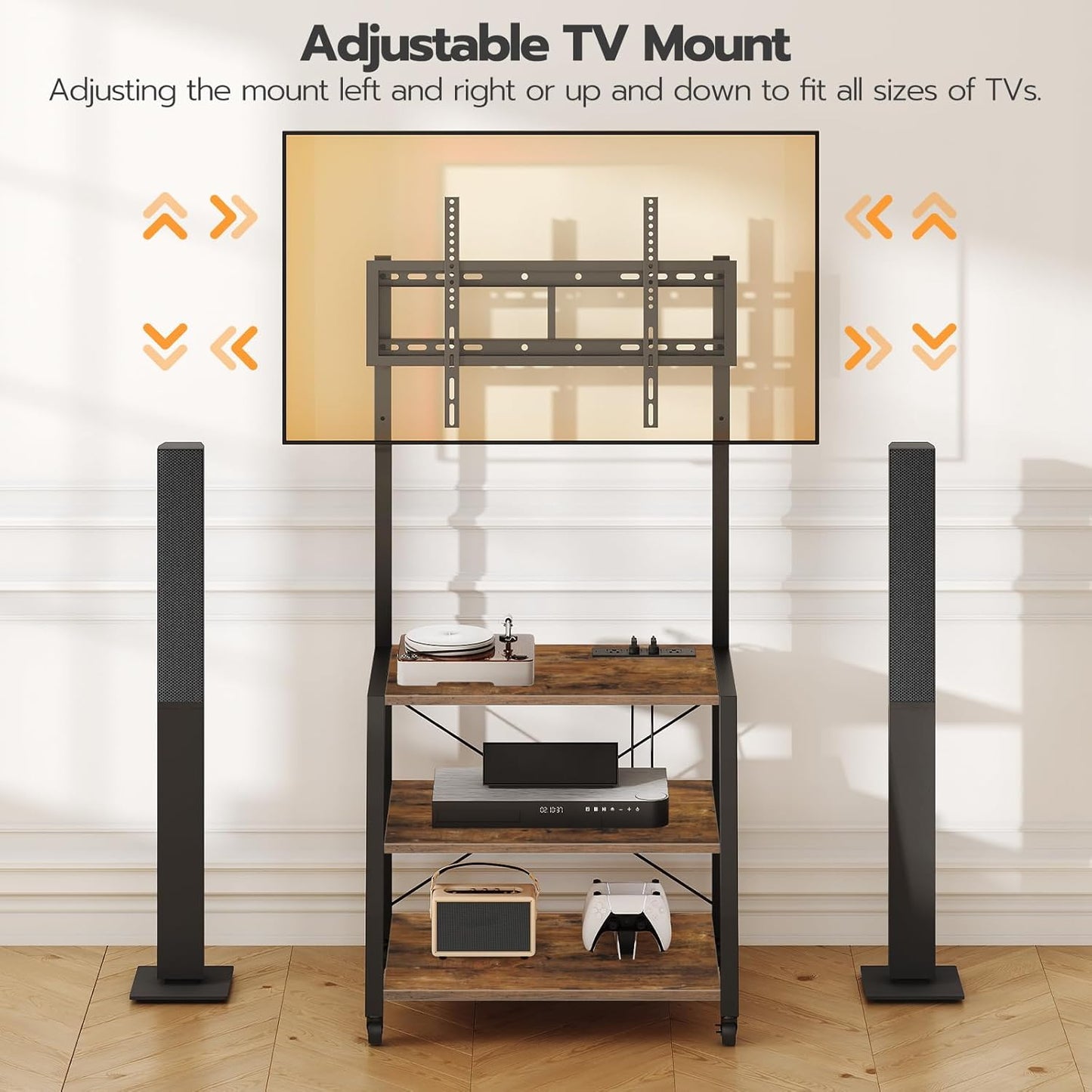 Rolling TV Stand with Mount and Power Outlet up to 55 Inch TV, Corner Entertainment Center, Small TV Stand with 3-Tier Storage Shelves for Living Room, Bedroom, Rustic Brown and Black BF66UDS01