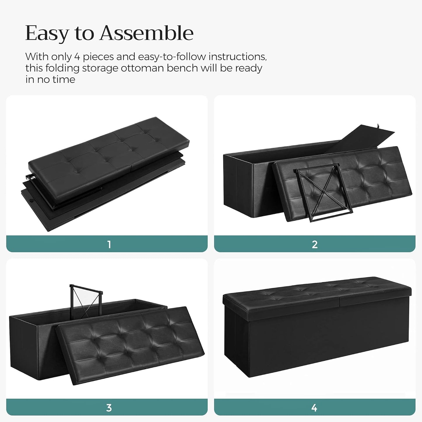 MAZIE Collection - 43 Inches Storage Ottoman Bench with Flipping Lid, Storage Chest with Iron Frame Support, Load 660 Lb, for Living Room, Bedroom, Synthetic Leather, Black ULSF75BK