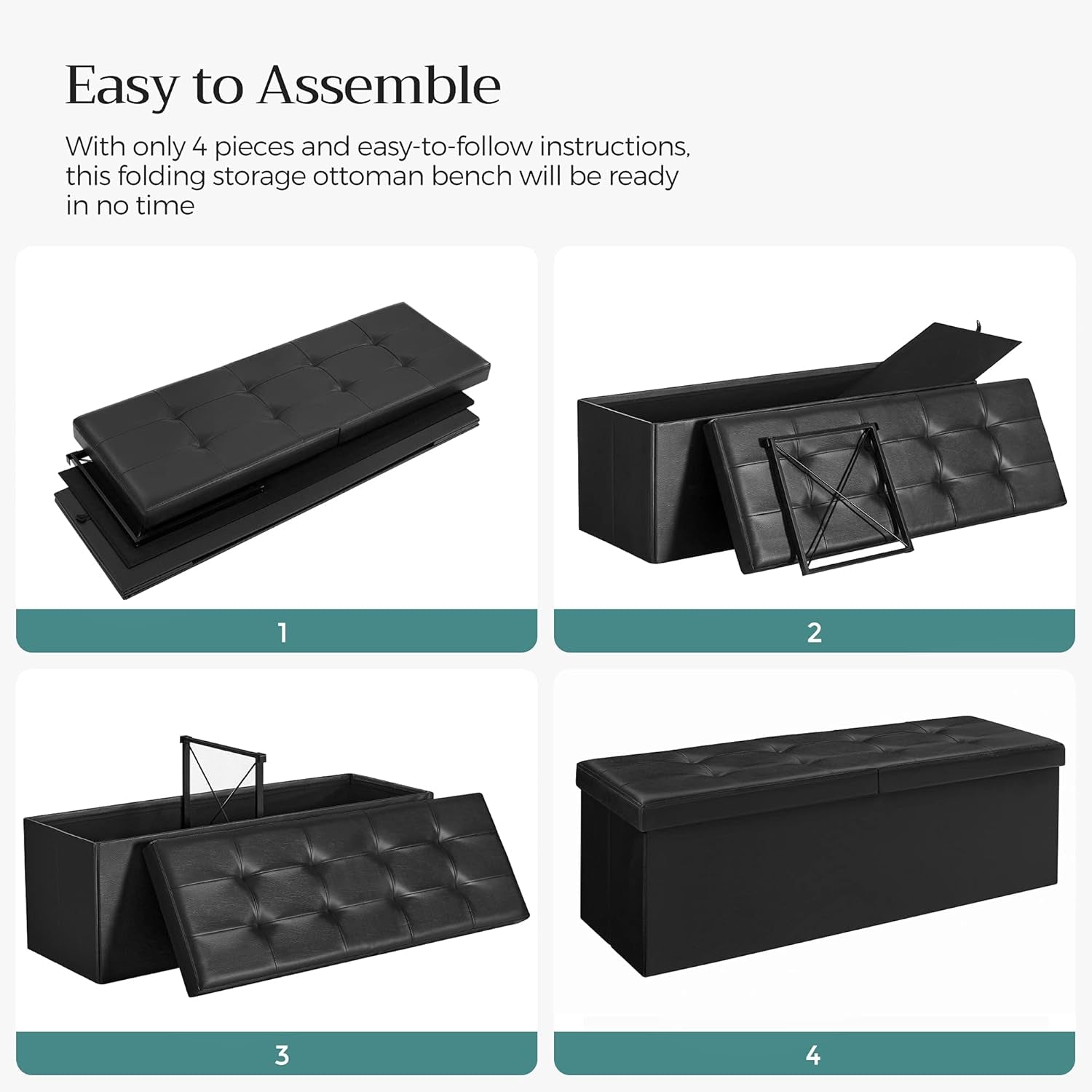 MAZIE Collection - 43 Inches Storage Ottoman Bench with Flipping Lid, Storage Chest with Iron Frame Support, Load 660 Lb, for Living Room, Bedroom, Synthetic Leather, Black ULSF75BK