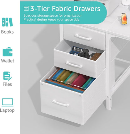 White Desk with Fabric File Drawers Cabinet, 47 Inch Reversible Computer Desk with Filing Cabinet for Bedroom Small Space Home Office, Modern Writing Table PC Desks, White