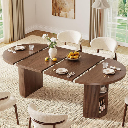 41-78 Inch Extendable Dining Table for 4-8, Fluted Expandable Kitchen Table with Storage, 2 Leaf, Mid Century Modern Oval Dinner Tables for Dining Room, Kitchen, Living Room, Walnut