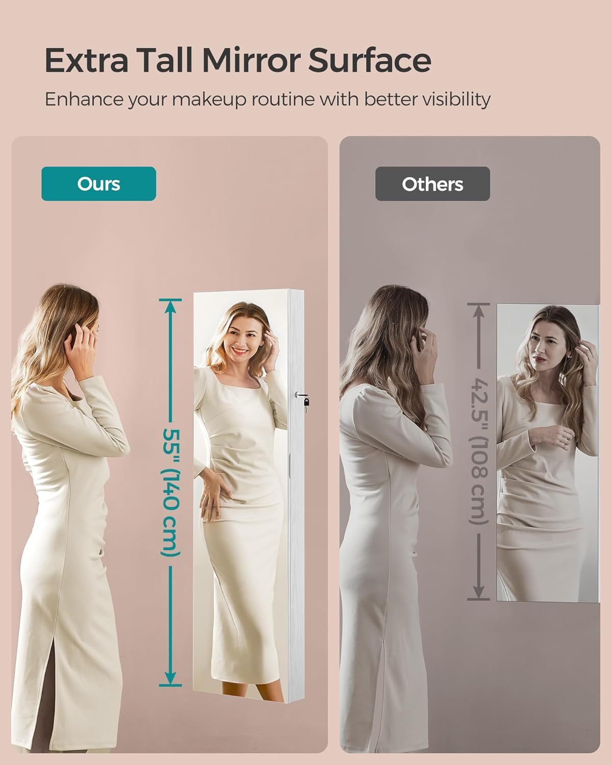 55 Inches Tall Spacious Jewelry Cabinet, Jewelry Armoire with Light-Up Interior Mirror, Wall or Door Mounted Jewelry Storage Organizer, Lockable, Gift Idea, Cloud White UJJC032W01