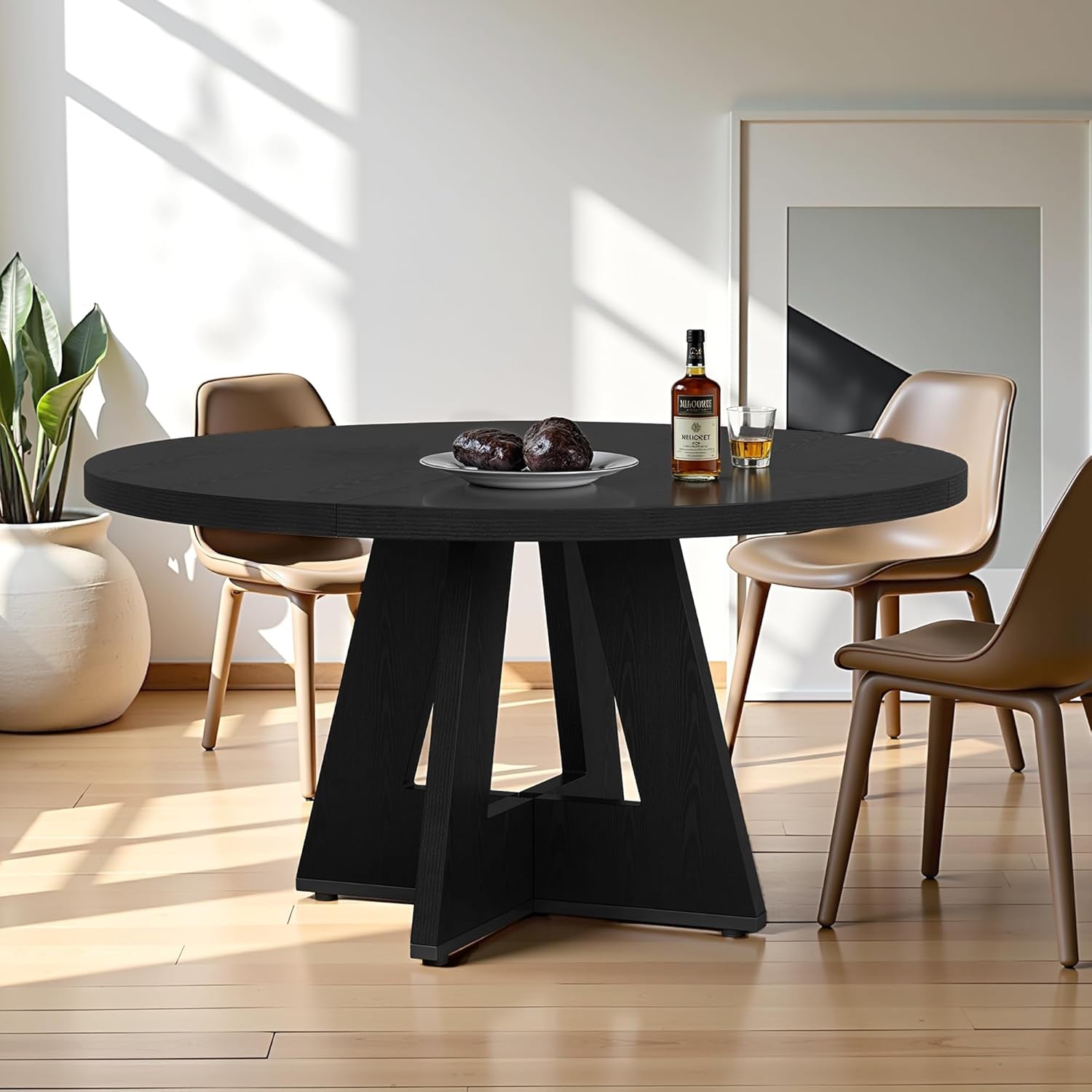 Round Dining Table for 4, 47 Inch Dinner Table Farmhouse Wooden Circle Kitchen Tables with Cross Base for Dining Room, Kitchen, Living Room, Black