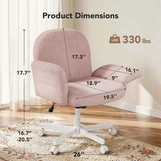 Criss Cross Office Chair for Women, Cross Legged Desk Chair with Adjustable Armrests, Soft Corduroy Fabric for Small Spaces, Petite Home Office Computer Chair for Girls, Pink