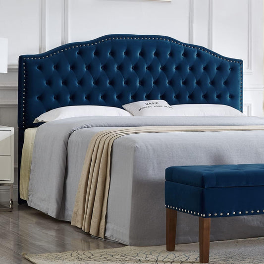 Upholstered Button Tufted King Headboard with Nailhead Trim, Soft Velvet Fabric Headboard King/Ca King - Navy