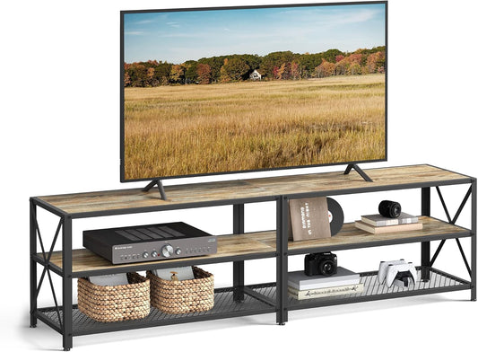 TV Stand, TV Console for Tvs up to 75 Inches, TV Table, 70.1 Inches Width, TV Cabinet with Storage Shelves, Steel Frame, for Living Room, Bedroom, Turquoise Brown and Black ULTV096B60
