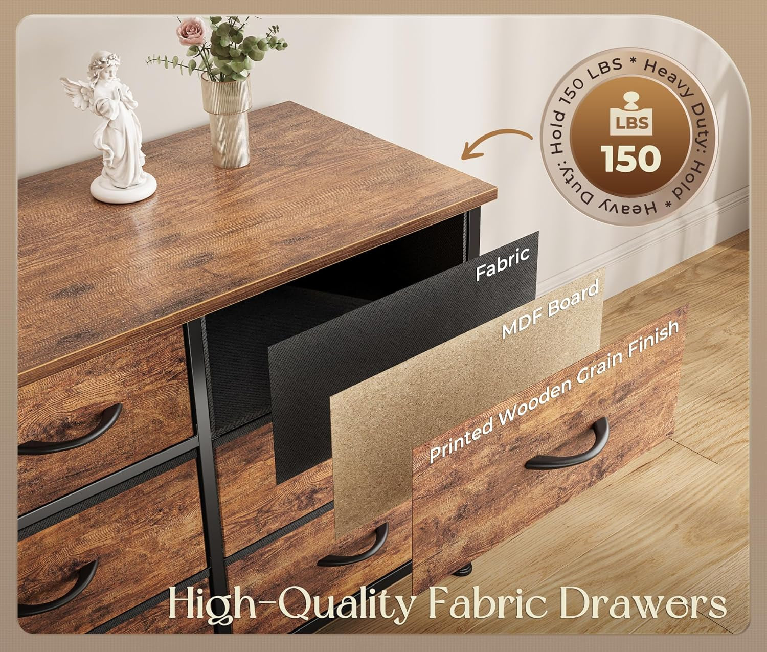 77.6" Long Dresser for Bedroom, 16 Drawer Fabric Dresser for Closet, Wide Chest of Drawers with Storage, TV Stand for 65, 75, 85 Inch TV, 77.6" W X 12.9" D X 26.7" H, Rustic Brown