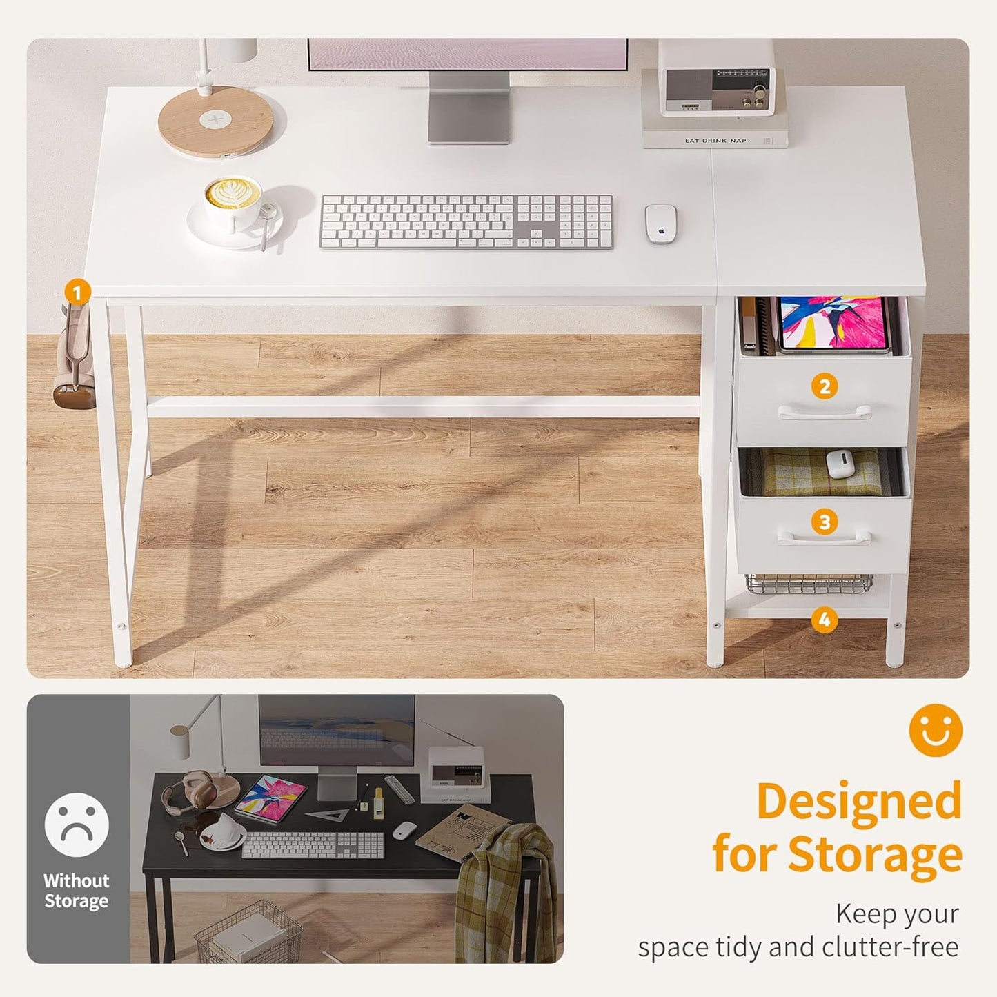 Computer Desk with 2 Drawers, 40 Inch Small Home Office Desk with Storage Study Writing Table, Pure White