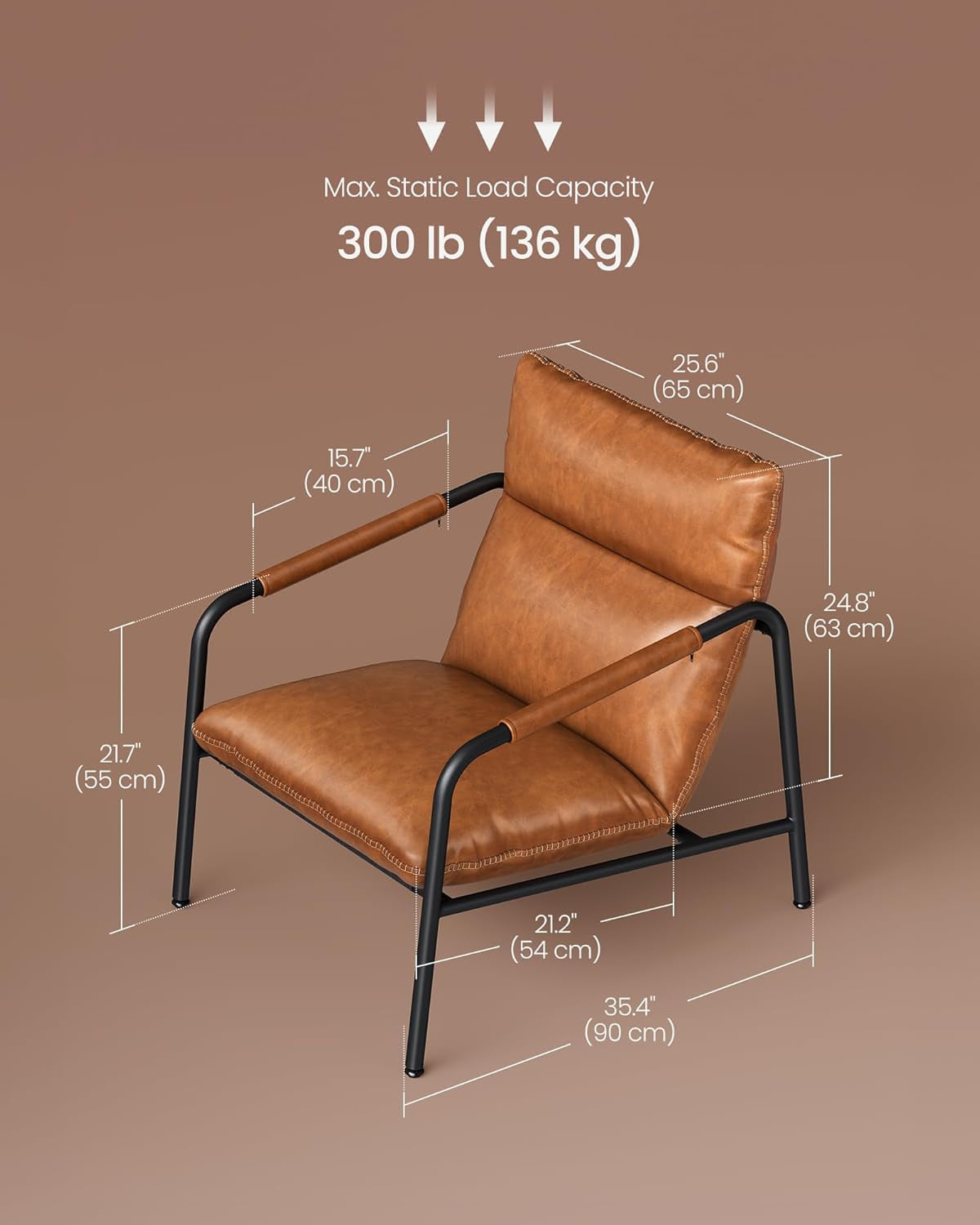 EKHO Collection - Accent Chair, Metal Framed Armchair, Synthetic Leather with Stitching, Mid-Century Modern, Sling Chair for Living, Bedroom, Reading Room, Lounge, Caramel Brown ULAC014K01