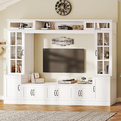 98" W Wall Unit TV Stand with Storage for Tvs up to 80", Modern TV Console with LED Lights, Entertainment Center with Bookshelves for Living Room, White