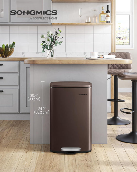 13 Gallon (50 L) Trash Can, Stainless Steel Kitchen Garbage Can, Recycling or Waste Bin, Soft Close, Step-On Pedal, Removable Inner Bucket, Brown ULTB50BR