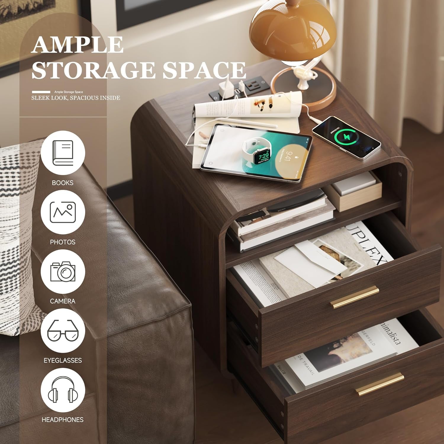 22.2'' Nightstands Set of 2 with Charging Station, Mid-Century Modern Bedside Table W/2 Drawers and Shelves, Side Table and End Table for Bedroom and Living Room, Curved Design(Walnut)