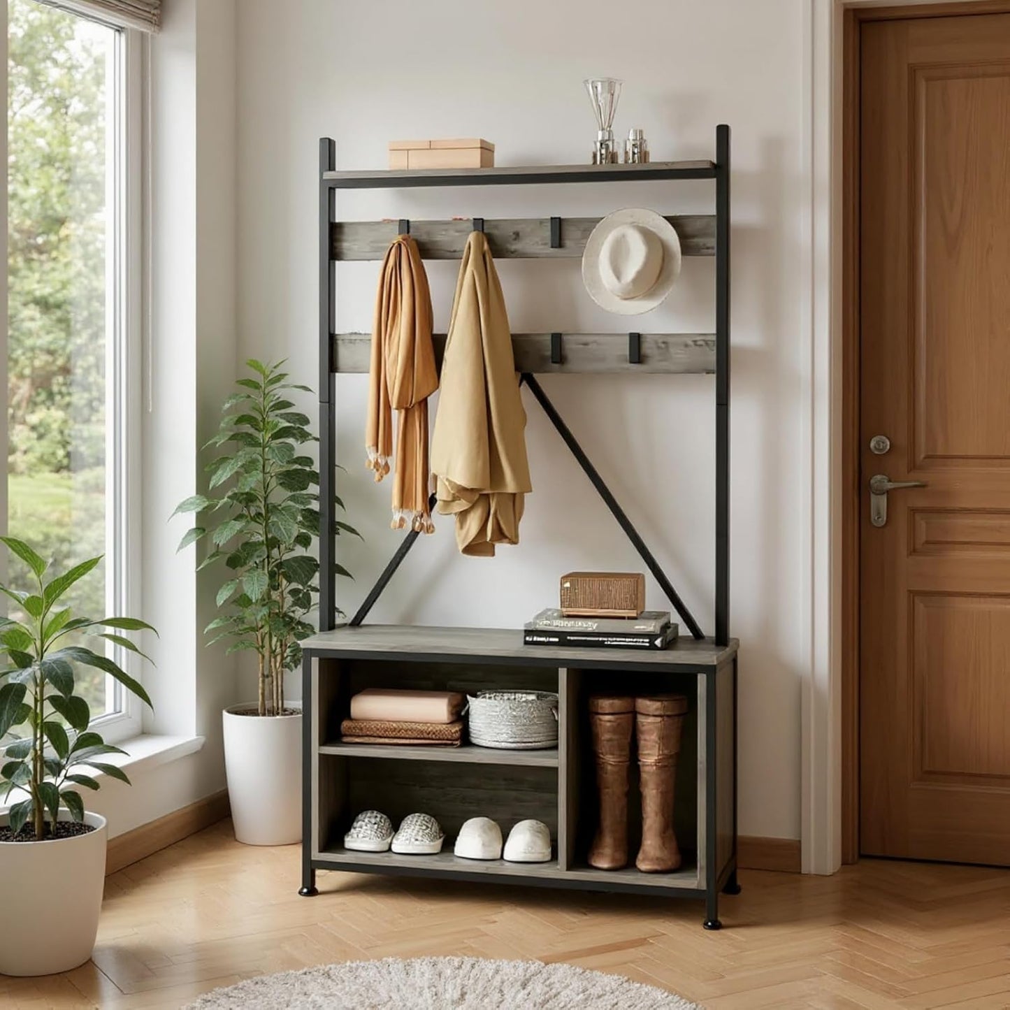Hall Tree with Bench and Shoe Storage and Coat Rack, Industrial Entryway Bench with Storage Cubbies, Entryway Coat Rack for Hallway, Corner Places, Bedroom