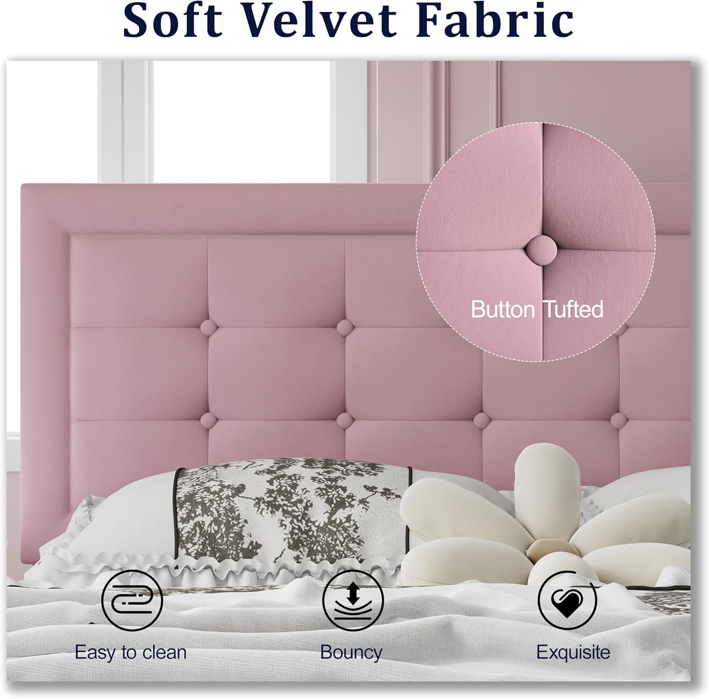 Full Size Upholstered Platform Bed, Full Size Frame with Tufted Button Headboard, Sturdy Frame Wooden Slats, No Innerspring Mattress Required, Noiseless, Easy to Assemble, Pink