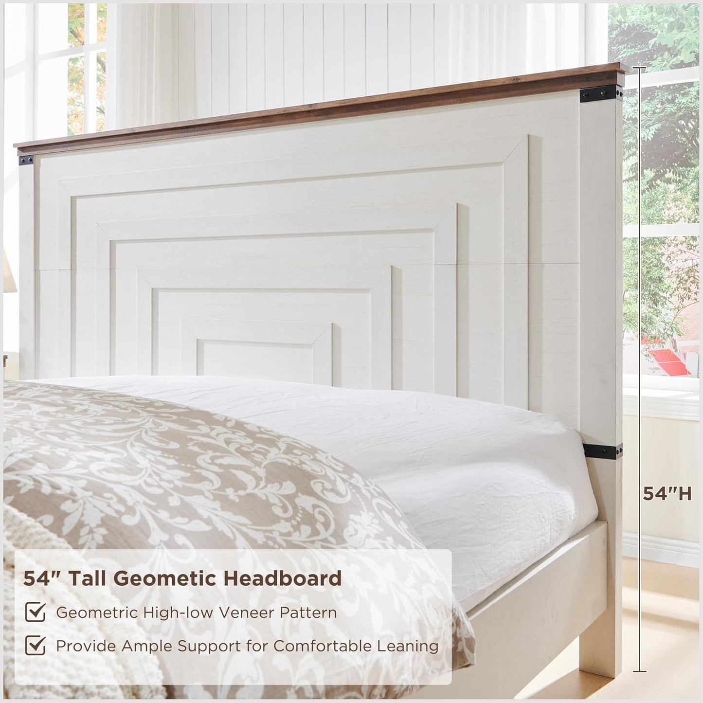 Farmhouse Queen Size Bed Frame W/ 54" Tall Geometric Headboard, Rustic Wood Platform Bed W/ 2 Large Storage Drawers, Wood Slats Support, Noise Free, No Box Spring Needed, Antique White