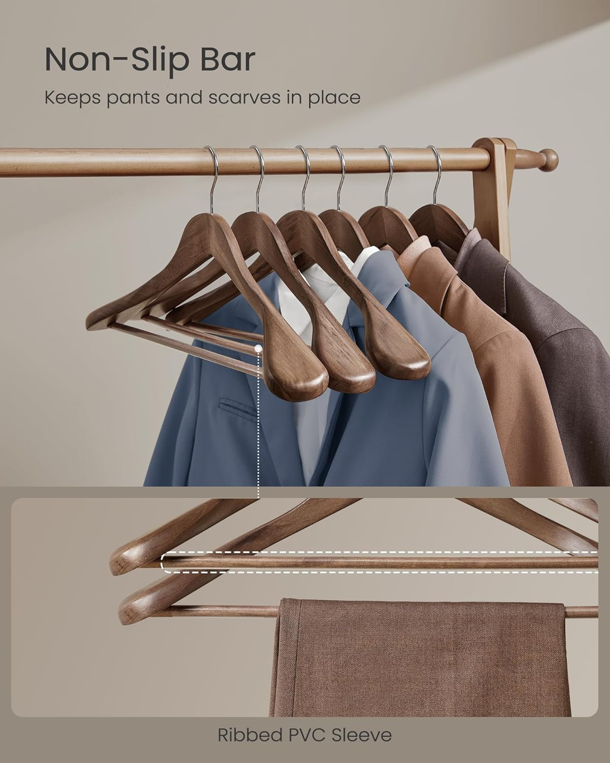 Extra Wide Wooden Suit Hangers, Set of 10 Clothes Hangers, Swivel Hooks, Non-Slip Bars, for Outfits, Suits, Coats, Shirts, Dresses, Walnut Color UCRW050KZ01