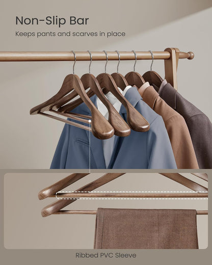 Extra Wide Wooden Suit Hangers, Set of 10 Clothes Hangers, Swivel Hooks, Non-Slip Bars, for Outfits, Suits, Coats, Shirts, Dresses, Walnut Color UCRW050KZ01