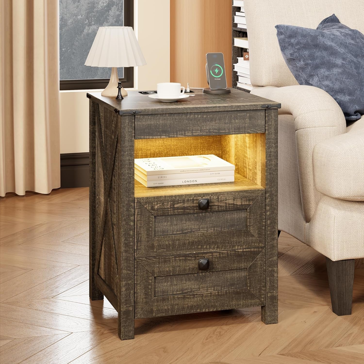 Nightstands Set of 2 with Gun Drawer, Farmhouse Bedside Table with Charging Station, Gun Night Stand with LED Light & Human Sensor, Smart End Table for Bedroom, Rustic Brown