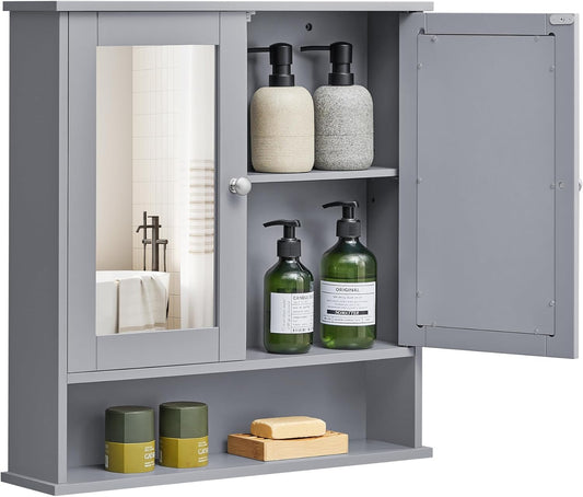 Bathroom Cabinet with Mirror, Wall Cabinet with 2 Mirrored Doors, Adjustable Shelf, Open Compartment, Wall-Mounted, 5.1 X 22.2 X 23 Inches, Dove Gray ULHC002G02