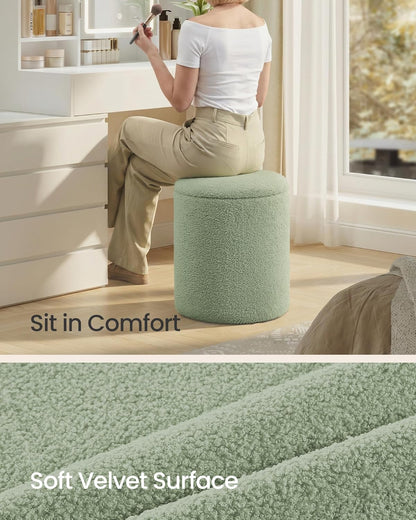 Vanity Stool, Set of 2, round Storage Ottoman, Small Ottoman Coffee Table, Foot Stool, Removable Lid, for Living Room, Bedroom, Hallway, Easy Assembly, Teddy Fleece, Laurel Green ULOM013CZ01