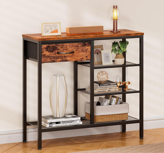 Entryway Table Industrial 31.5" Sofa Console Table with Metal Mesh Shelf,Storage Fabric Drawer 4-Tier Shoe Rack Side Furniture for Front Door,Foyer Wooden Top, Sturdy Steel Frame,Rustic Brown