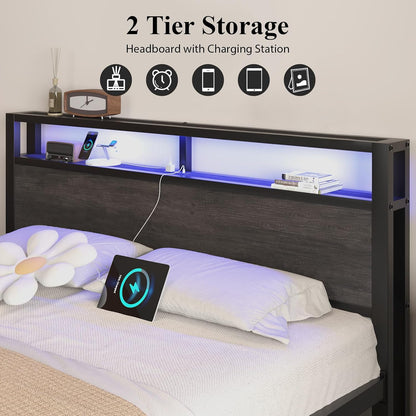 Queen Size Bed Frame with Storage Headboard and LED Lights, Industrial Platform Bed with Charging Station, Heavy Duty Metal Slats, No Box Spring Need, Noise Freee, Grey