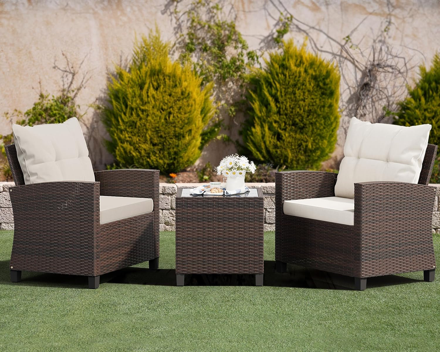 3 Pieces Patio Furniture Set, PE Rattan Wicker 3 Pcs Patio Set, Outdoor Furniture Set with Two Outdoor Chairs and Table, Conversation Set for Garden, Poolside, Balcony, and Porch(Beige)