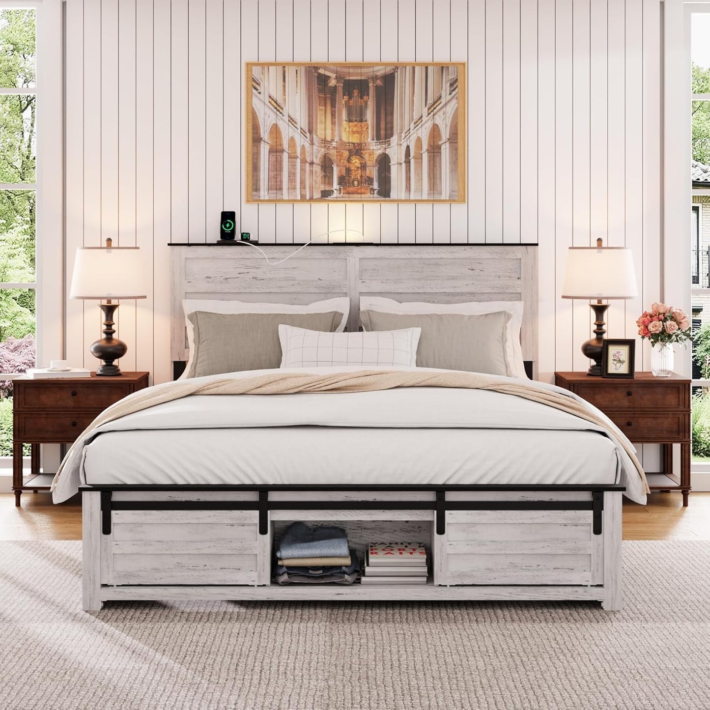 Wooden Full Size Bed Frame with Headboard – Boho White Rustic Farmhouse Storage Platform Bed with Charging Station & Sliding Barn Door Footboard, No Box Spring Needed, Noise-Free, Solid Wood Slats