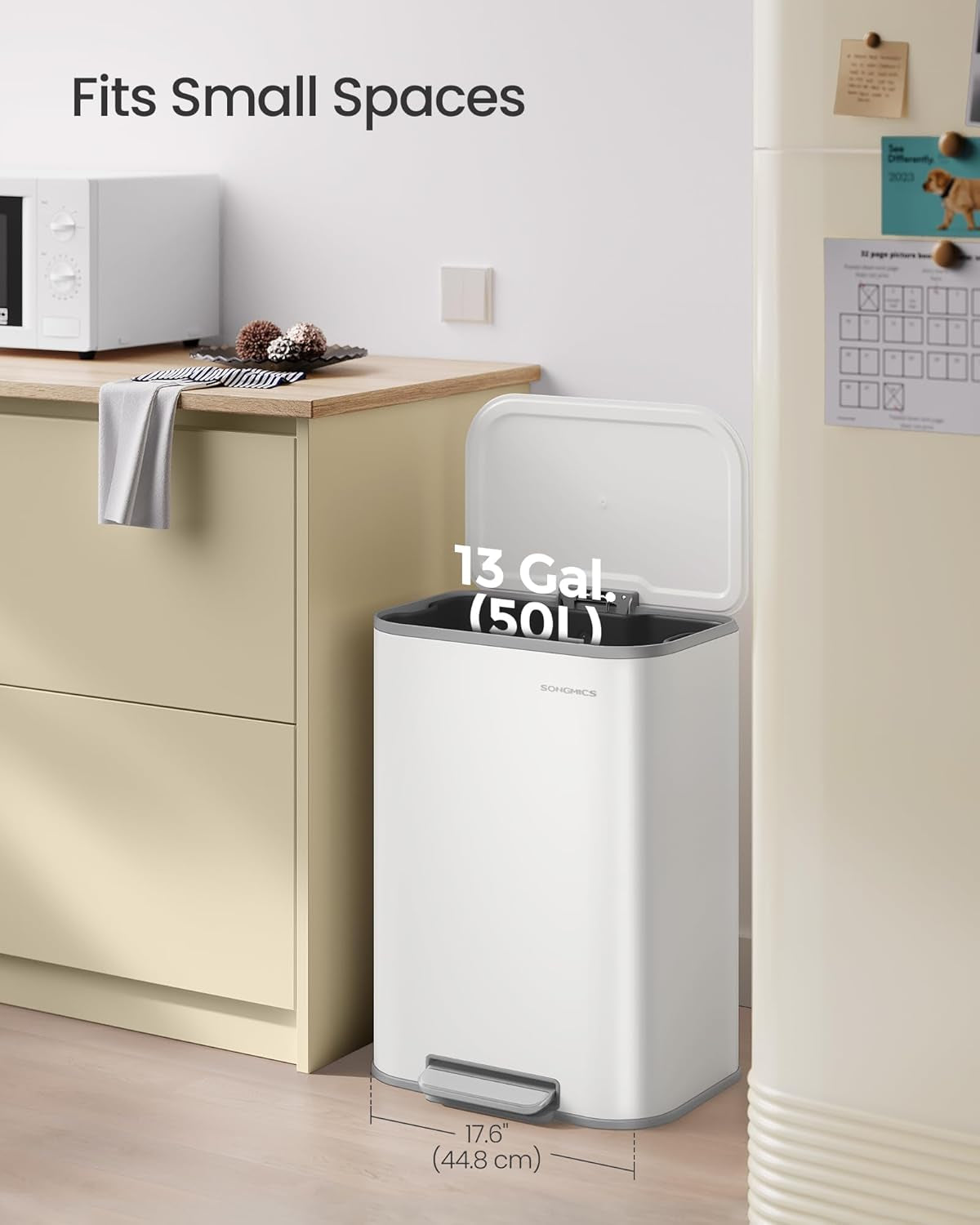 Kitchen Trash Can, 13-Gallon (50 L) Garbage Can with Lid, Stainless Steel, Soft Close and Stays Open, Inner Bucket, Wide Non-Slip Pedal, Cloud White ULTB547W01