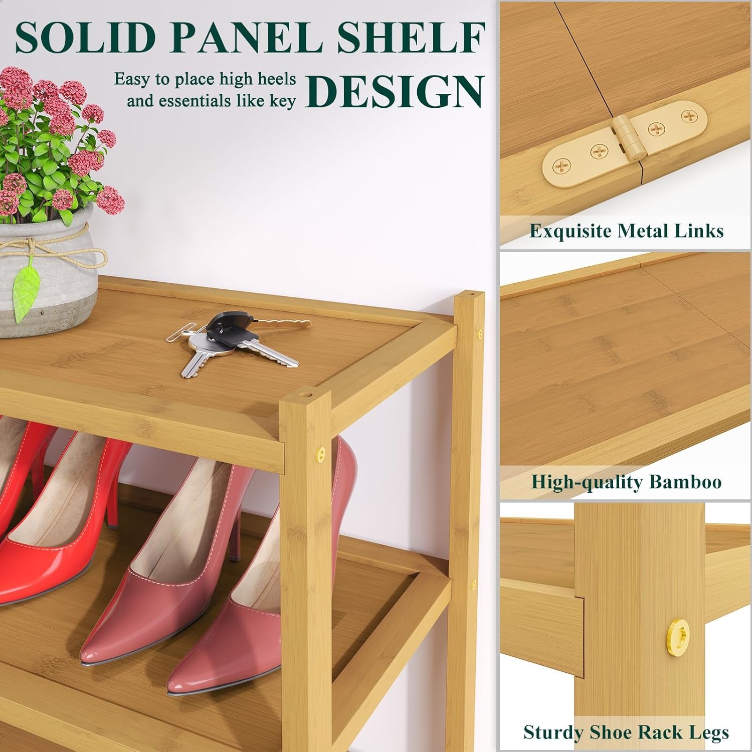 Bamboo Shoe Rack, 3 Tier Shoe Organizer for Entryway & Closet, Stackable Free Standing Storage Shelf for Shoes, Bags & Plants, Natural