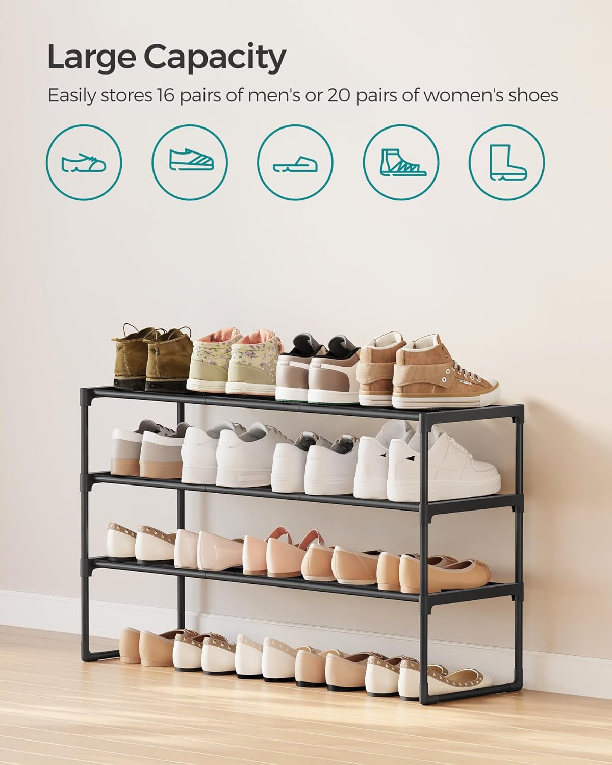 Shoe Rack, 3-Tier Shoe Organizer, Metal Storage Shelf, Upright or Upside Down, for 16-20 Pairs, Stackable, for Entryway, 11.8 X 36.2 X 21.7 Inches, Black ULSA303B02