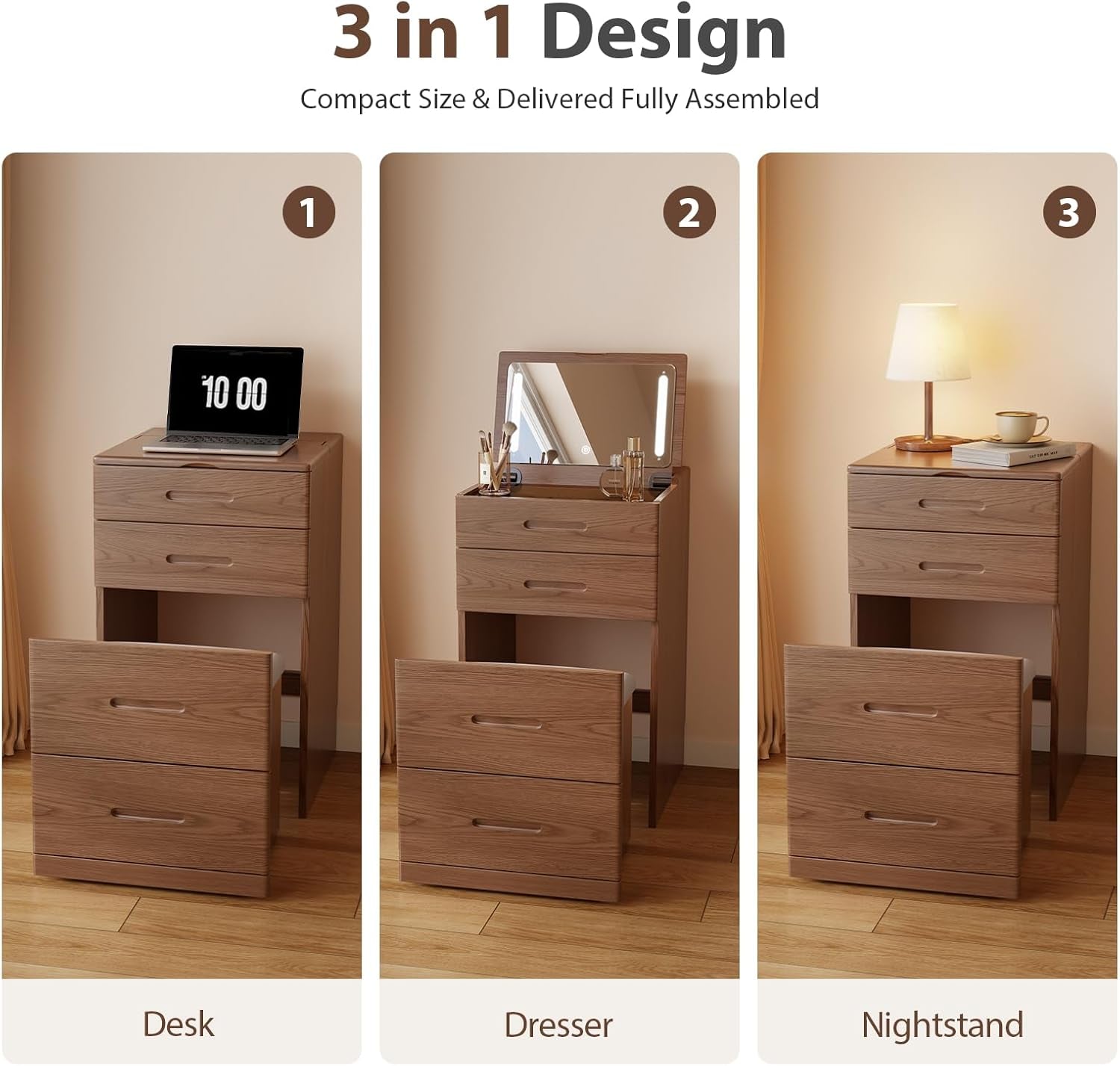 Solid Wood 3 in 1 Vanity Desk with Flip Top Mirror, No Assembly, Compact Vanity with Hidden Chair, Small Makeup Vanity Set with Power Outlet, Dressing Table for Bedroom, Walnut